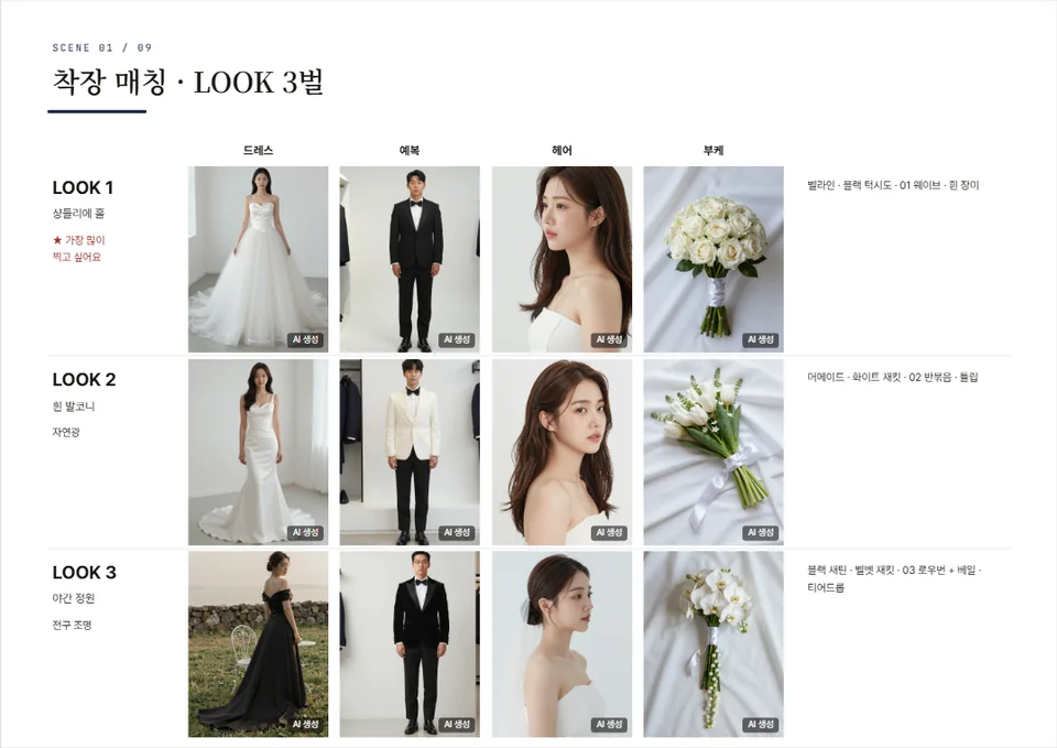 착장 매칭 한 페이지 — LOOK 1~3 줄마다 드레스·예복·헤어·부케 사진과 한 줄 메모