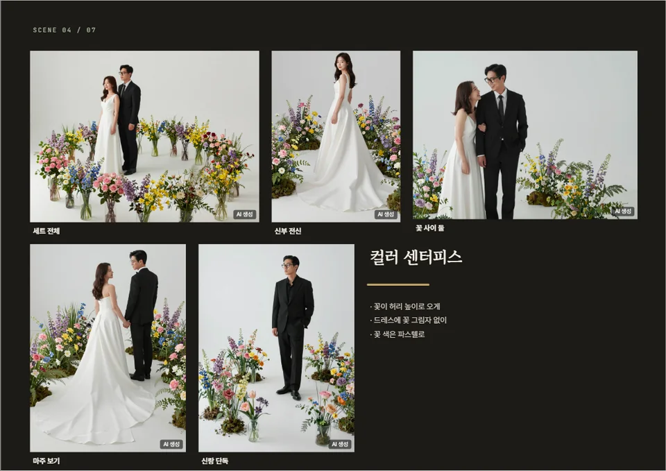 배경별 시안 한 페이지 — 컬러 센터피스 세트, 「꽃이 허리 높이로 오게」 같은 메모 세 줄과 사진