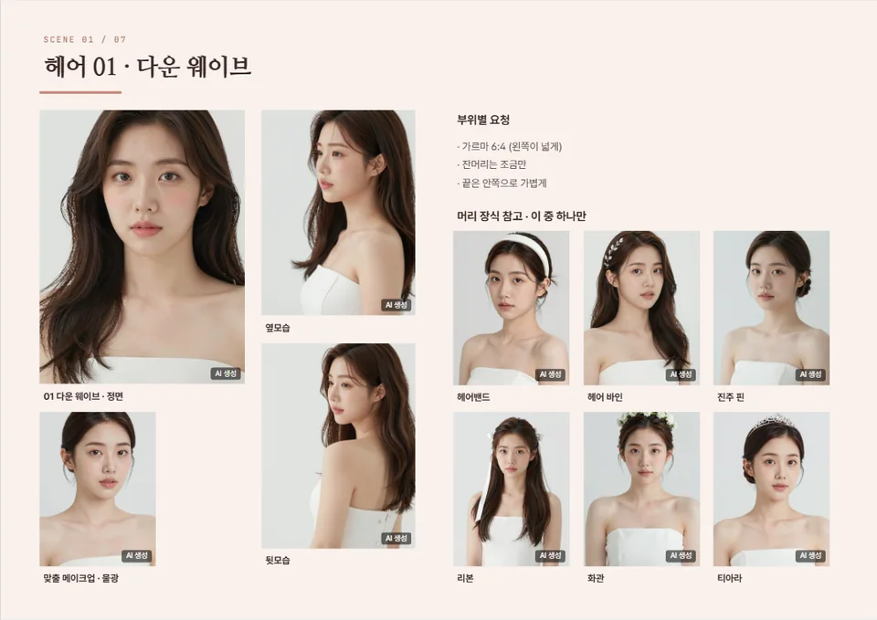 헤어 01 다운 웨이브 한 페이지 — 정면 크게, 옆·뒷모습, 부위별 요청 세 줄, 머리 장식 후보
