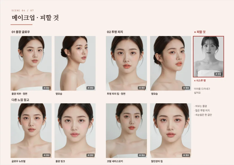 메이크업 · 피할 것 한 페이지 — 01 물광 글로우 사진과 부위별 메모, 피하고 싶은 것 칸