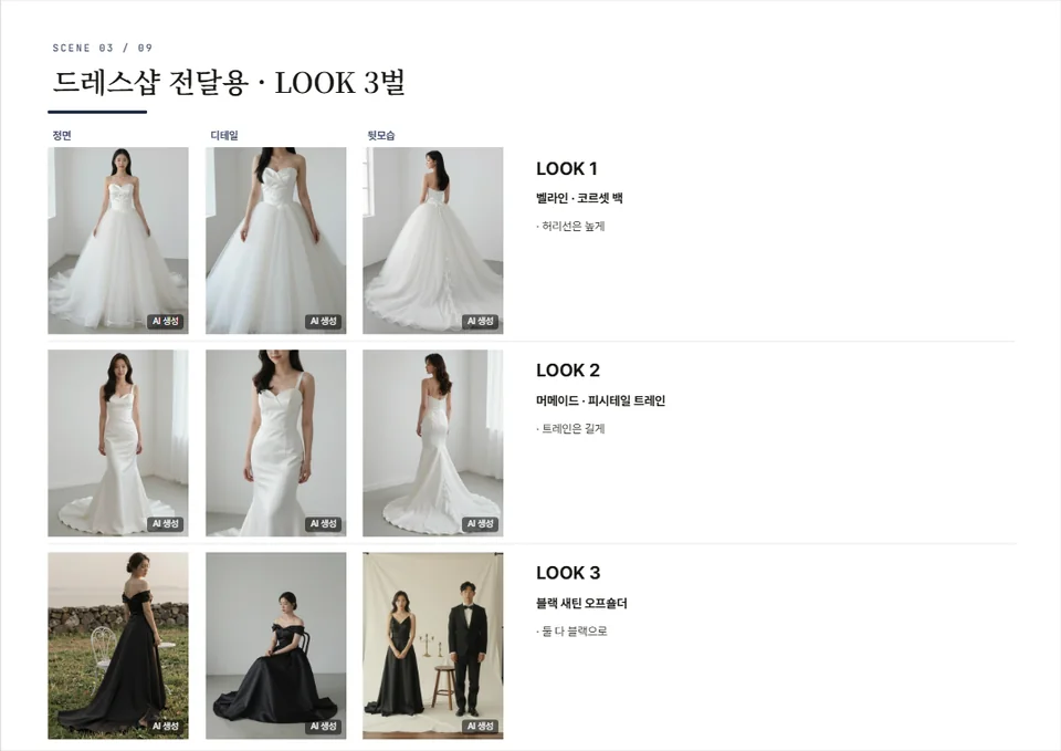 드레스 시안 한 페이지 — 드레스샵 전달용 LOOK 3벌, 벨라인·코르셋 백 같은 이름과 사진