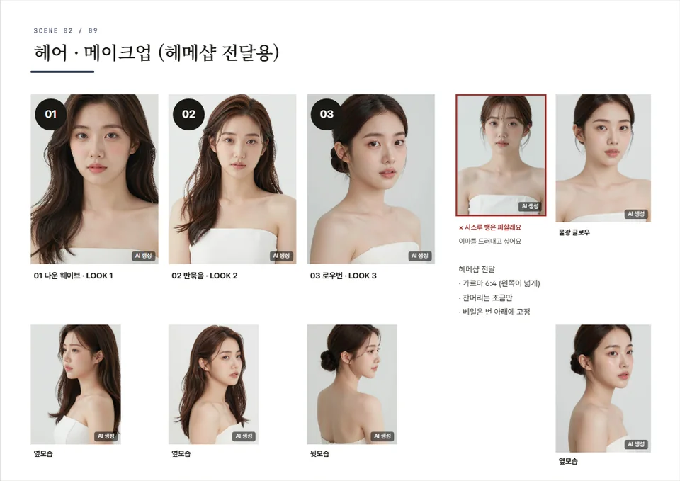헤어·메이크업 시안 한 페이지 — 헤메샵 전달용 01·02 번호와 사진