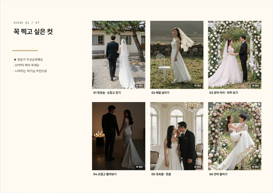 「꼭 찍고 싶은 컷」 한 페이지 — 사진 6장에 01~06 번호와 포즈 이름, 「번호가 우선순위예요」 메모