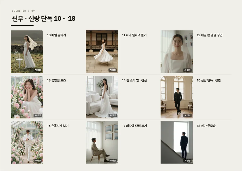 신부·신랑 단독 컷 10~18 — 베일 날리기부터 번호와 이름만 간단히